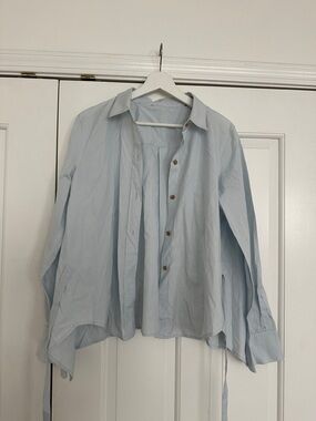 Vince Light Blue Cotton Blouse XL Tie Waist Button Front Oversized Shirt